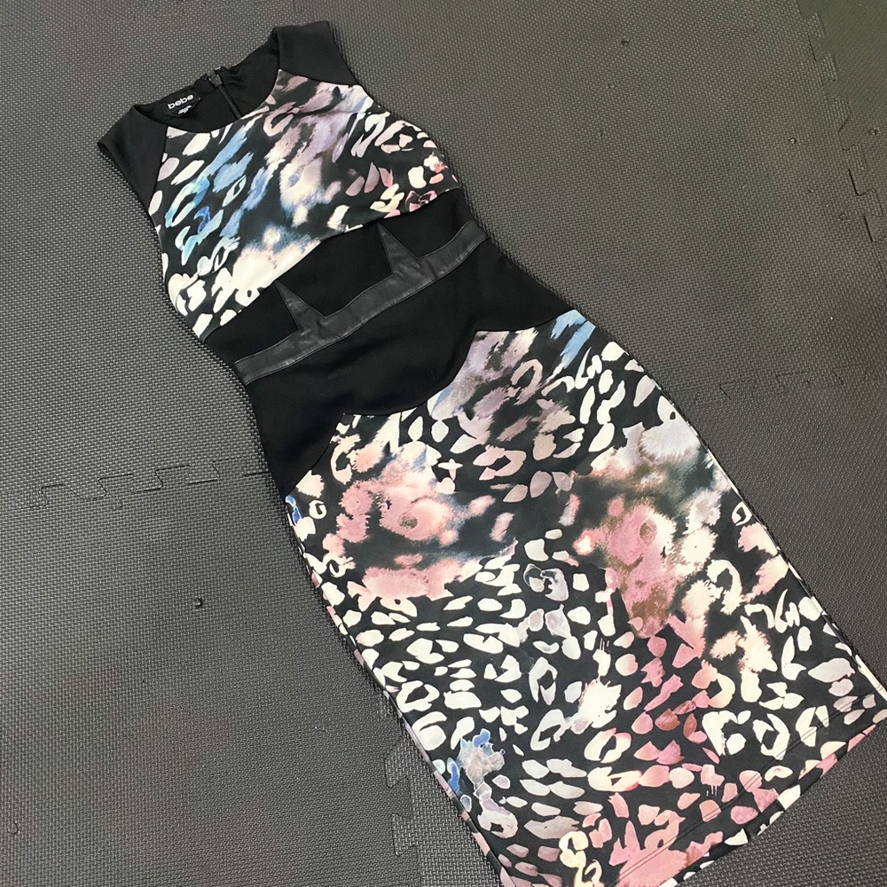 BEBE Cream, Black, Blue, Pink Pattern dress